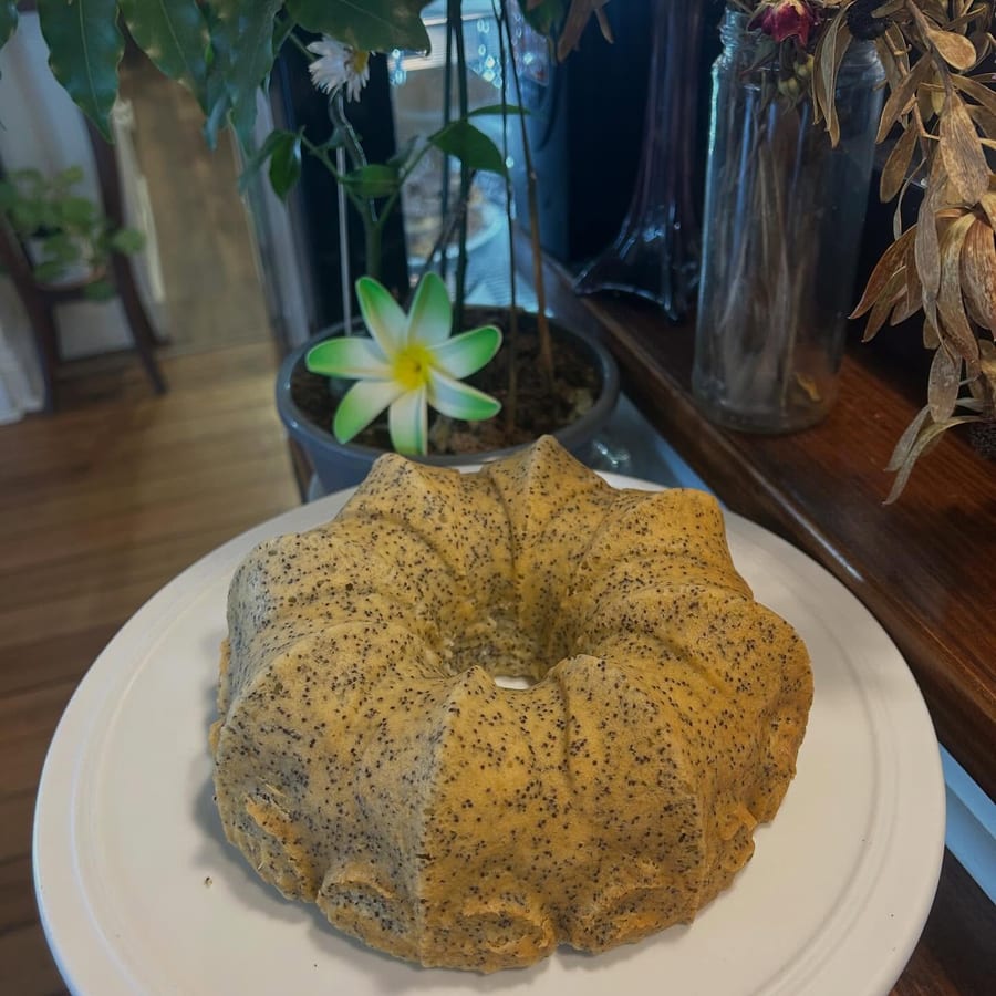 A poppyseed bundt cake on a white plate